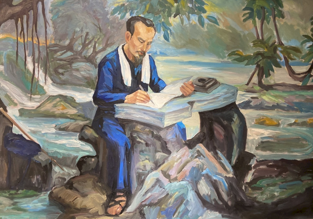 Painting of leader Nguyen Ai Quoc working at the source of Lenin stream - Pac Bo